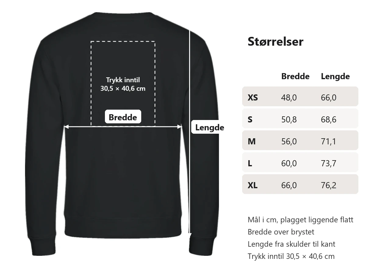 Størrelser i cm, plagget liggende flatt. Bredde over brystet og lengde fra skulder til kant: XS 48,0 og 66,0. S 50,8 og 68,6. M 56,0 og 71,1. L 60,0 og 73,7. XL 66,0 og 76,2. Trykk inntil 30,5 × 40,6 cm.