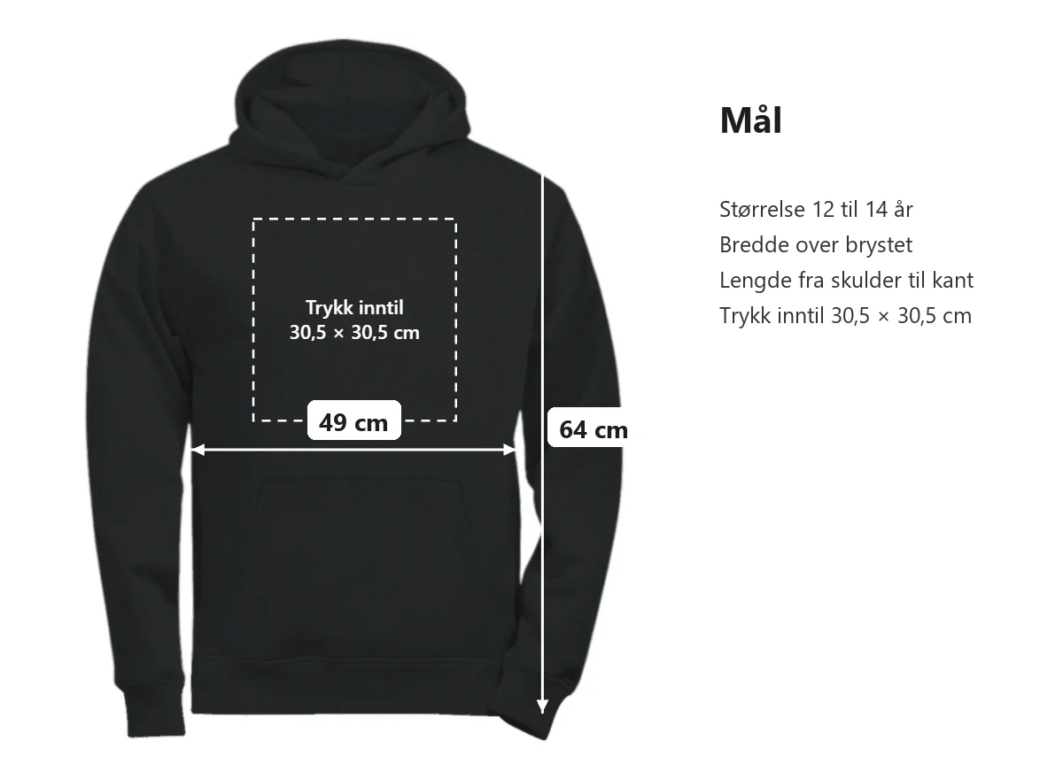 Mål i cm, plagget liggende flatt. Størrelse 12 til 14 år: bredde over brystet 49,0 og lengde fra skulder til kant 64,0. Trykk inntil 30,5 × 30,5 cm.