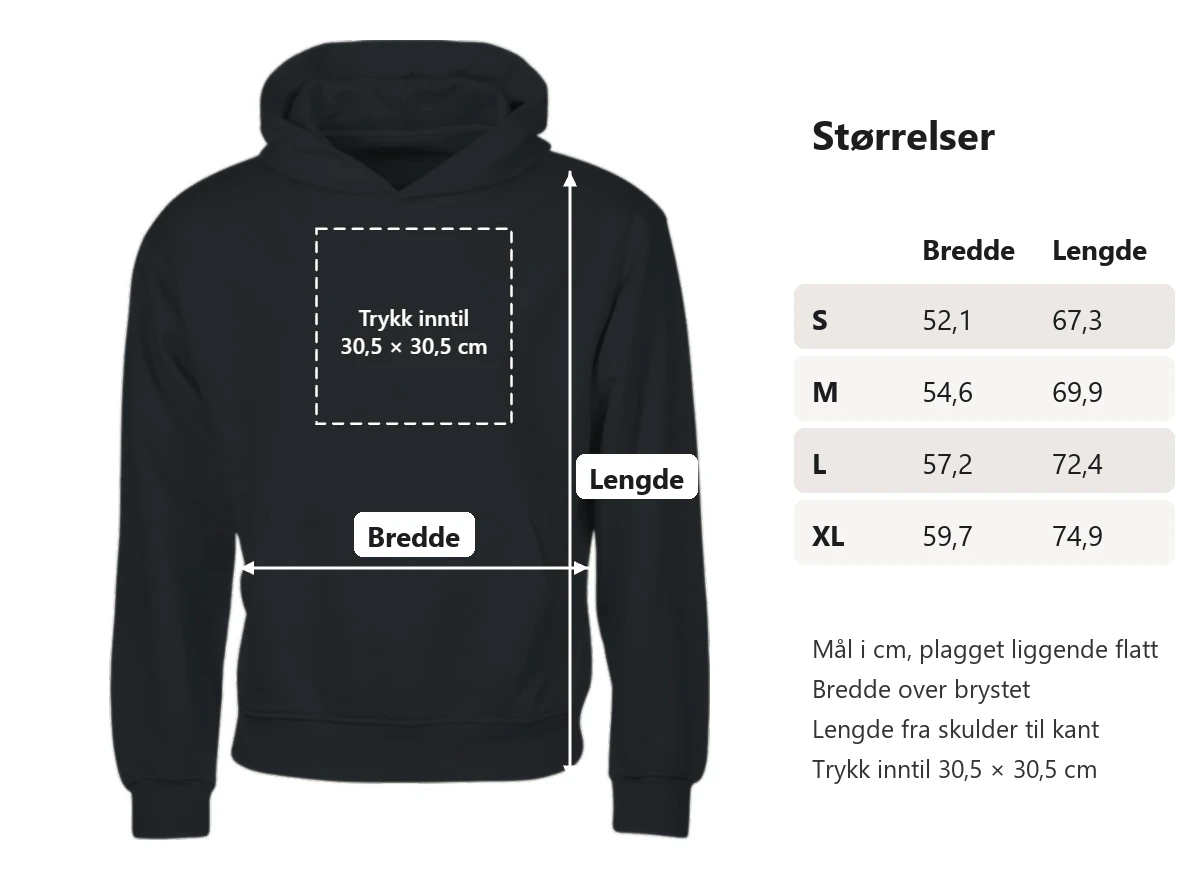 Størrelser i cm, plagget liggende flatt. Bredde over brystet og lengde fra skulder til kant: S 52,1 og 67,3. M 54,6 og 69,9. L 57,2 og 72,4. XL 59,7 og 74,9. Trykk inntil 30,5 × 30,5 cm.
