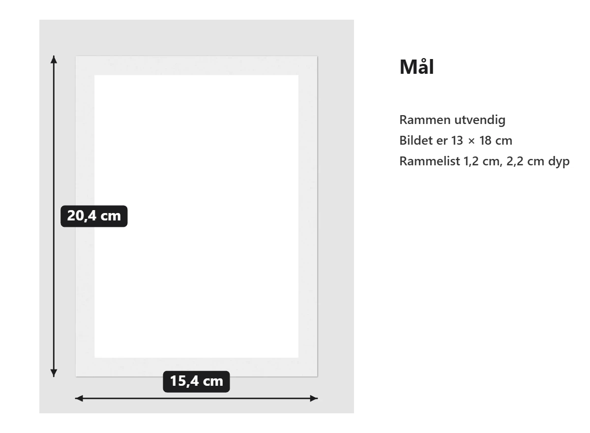 Bilde 13 × 18 cm i hvit treramme, rammelisten er 1,2 cm bred og 2,2 cm dyp, med pleksiglass foran.