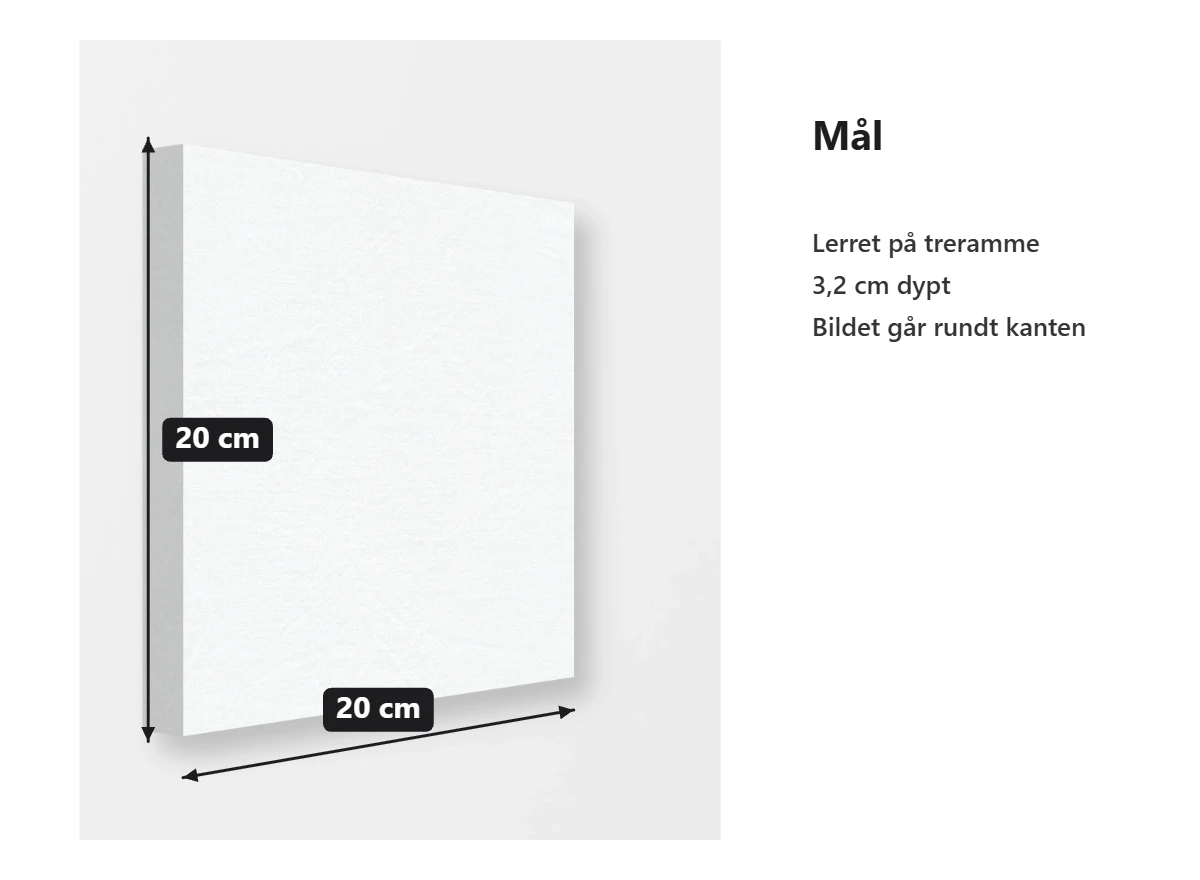 Lerret 20 × 20 cm på tynn ramme, 3,2 cm dypt.