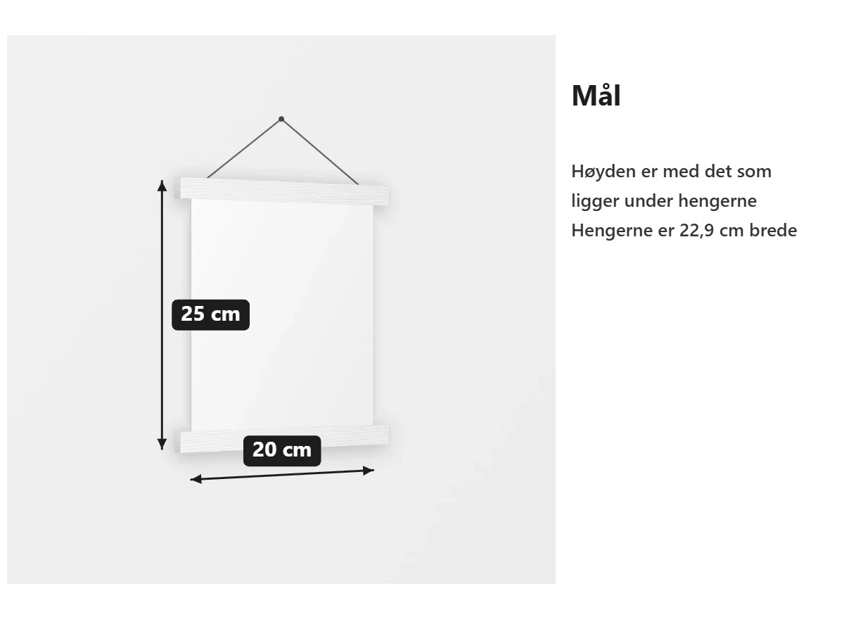 Plakat 20 × 25 cm. De hvite trehengerne oppe og nede er 22,9 cm brede.
