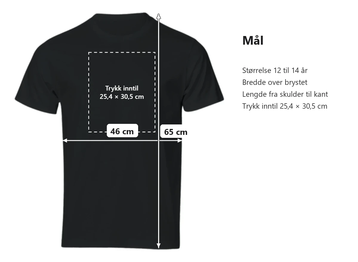 Mål i cm, plagget liggende flatt. Størrelse 12 til 14 år: bredde over brystet 46,0 og lengde fra skulder til kant 65,0. Trykk inntil 25,4 × 30,5 cm.