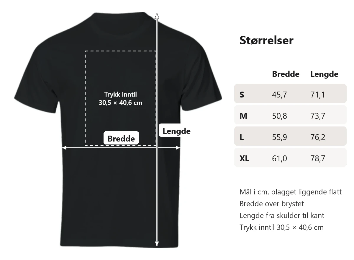 Størrelser i cm, plagget liggende flatt. Bredde over brystet og lengde fra skulder til kant: S 45,7 og 71,1. M 50,8 og 73,7. L 55,9 og 76,2. XL 61,0 og 78,7. Trykk inntil 30,5 × 40,6 cm.